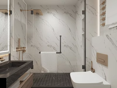 Modern Bathroom Interior With Marble Walls Glass Shower Black Countertop Sink And White Toilet 3d model