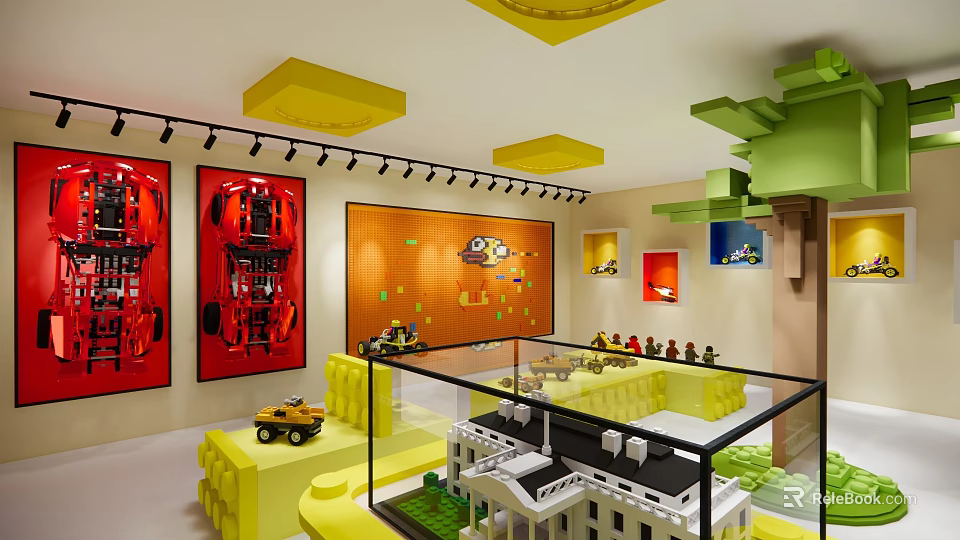Lego Exhibition Space Interior With Yellow Green Decor Display Cases And Models 3d model 