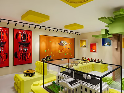 Lego Exhibition Space Interior With Yellow Green Decor Display Cases And Models 3d model