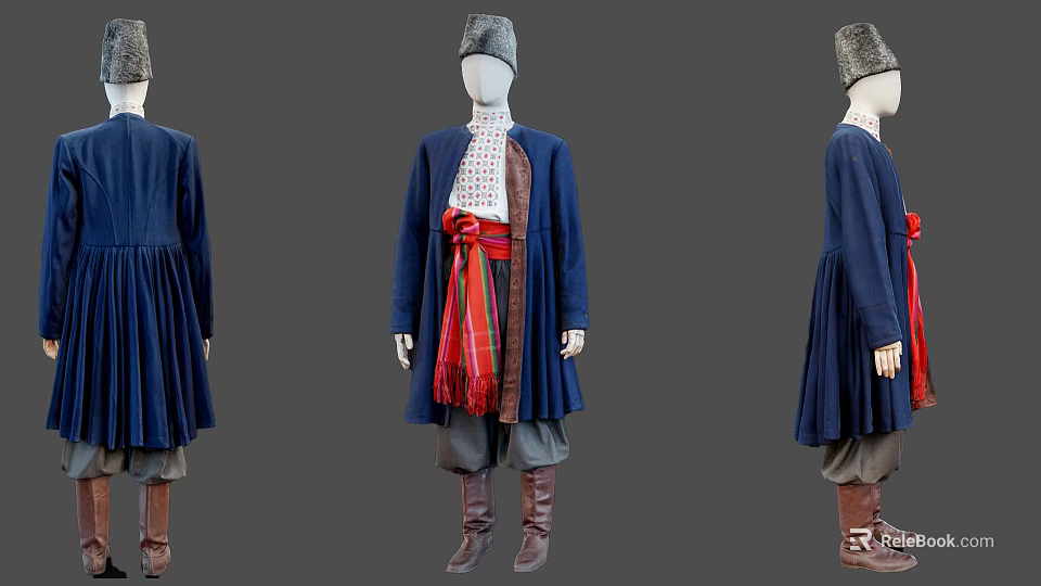 Traditional Clothing On Mannequin With Blue Robe Red Sash And Brown Boots 3d model 