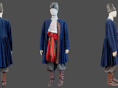 Traditional Clothing On Mannequin With Blue Robe Red Sash And Brown Boots 3d model