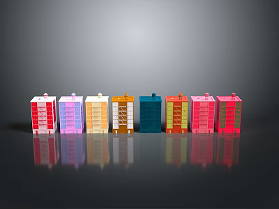 Colorful Multi Storey Building Models With Windows And Reflections On Gray Background 3d model