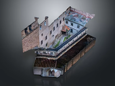 Historic Building Cross Section Model Showing Damaged Sections Brick Walls Windows And Internal Structure 3d model