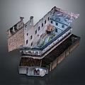 Historic Building Cross Section Model Showing Damaged Sections Brick Walls Windows And Internal Structure 3d model