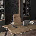 Wooden Office Desk With Laptop Open Notebook Pen Holder Pampas Grass And Brown Chair
