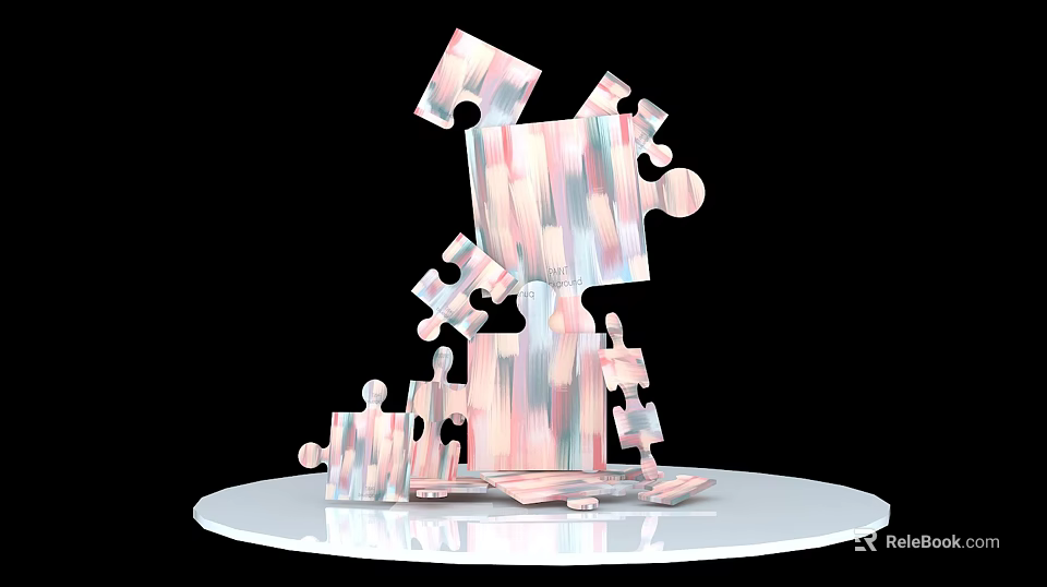 Partially Assembled Puzzle With Scattered Pink White Stripe Pieces On White Platform 3d model 