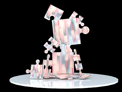 Partially Assembled Puzzle With Scattered Pink White Stripe Pieces On White Platform 3d model