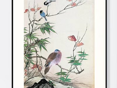 Vibrant Botanical Painting With Birds Branches Green Leaves And Red Accents 3d model