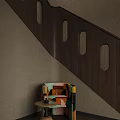 Wooden Staircase With Perforated Handrail Striped Steps And Colorful Armchair Near Small Round Table