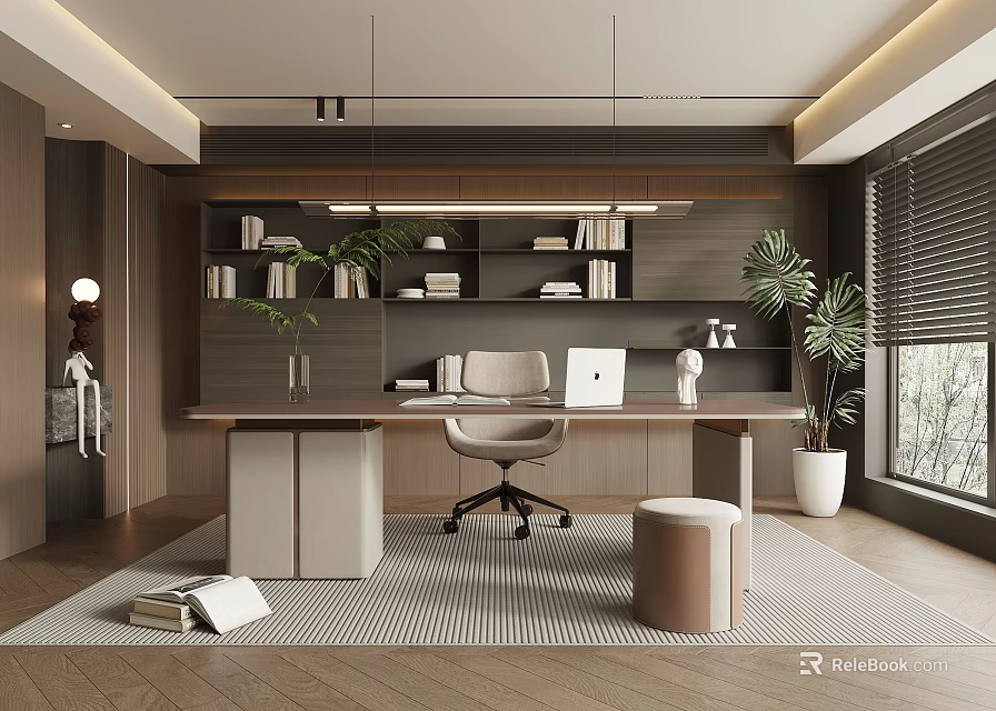 Modern Home Office Interior Design With Desk Office Chair Bookshelf Potted Plant And Window 3d model 