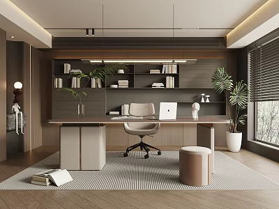 Modern Home Office Interior Design With Desk Office Chair Bookshelf Potted Plant And Window 3d model