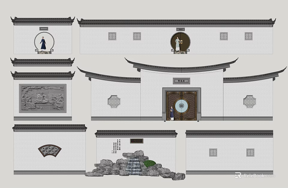 Traditional Chinese Scenic Wall Design With Landscape Carvings And Architectural Details 3d model 