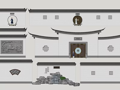 Traditional Chinese Scenic Wall Design With Landscape Carvings And Architectural Details 3d model