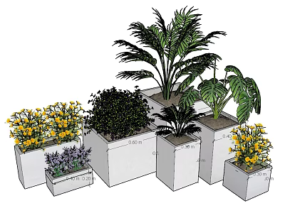 Bonsai and Potted Plants Display With Various Green Plants and Square White Ceramic Pots 3d model