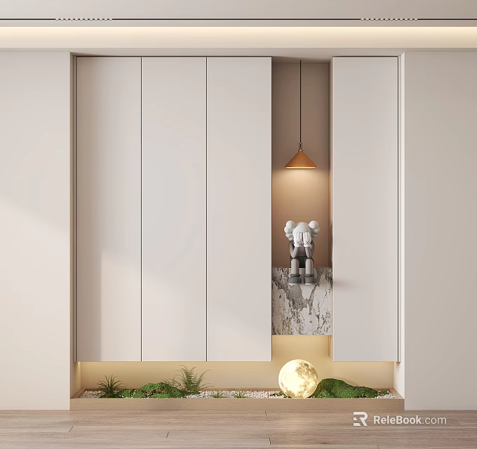 Modern White Shoe Cabinet With Display Shelf Decorative Dolls Green Plants And Moon Shaped Light 3d model 