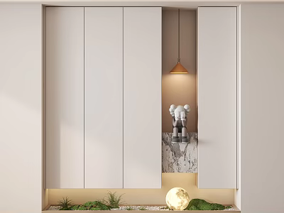 Modern White Shoe Cabinet With Display Shelf Decorative Dolls Green Plants And Moon Shaped Light 3d model