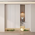 Modern White Shoe Cabinet With Display Shelf Decorative Dolls Green Plants And Moon Shaped Light
