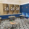 Modern Restaurant Interior With Blue Walls Bookshelves Chandeliers And Geometric Floor