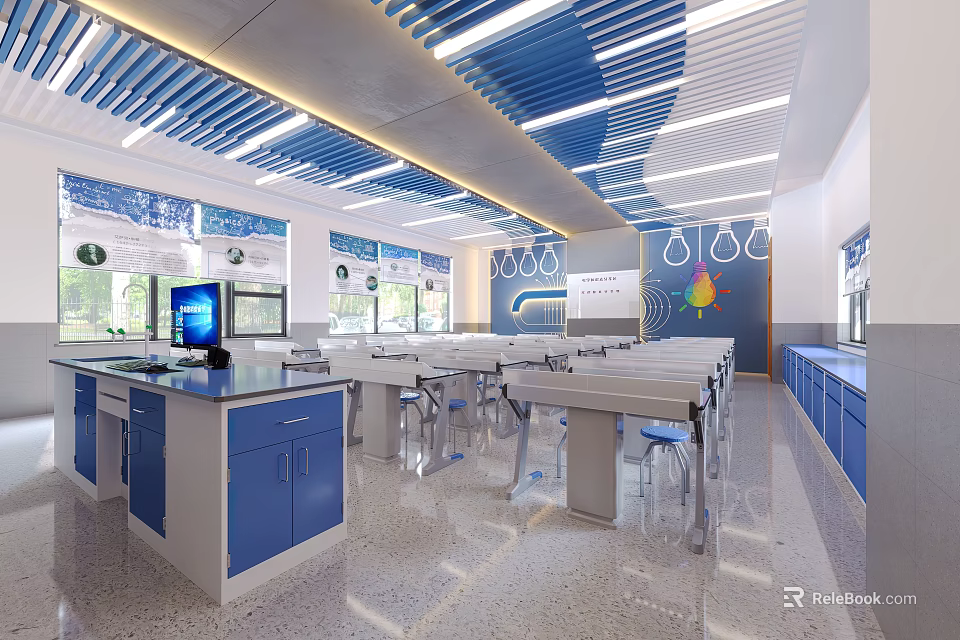 School Science Lab With Blue Cabinets Desks Computer And Large Windows 3d model 
