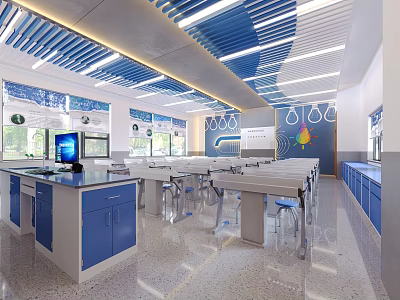 School Science Lab With Blue Cabinets Desks Computer And Large Windows 3d model
