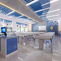 School Science Lab With Blue Cabinets Desks Computer And Large Windows