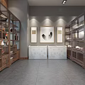 Chinese Style Tobacco And Alcohol Store Interior With Wooden Shelves And Display Cabinets