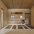 Natural Style Interior With Wooden Beams Woven Pendant Light Decorative Art And Stone Tiles