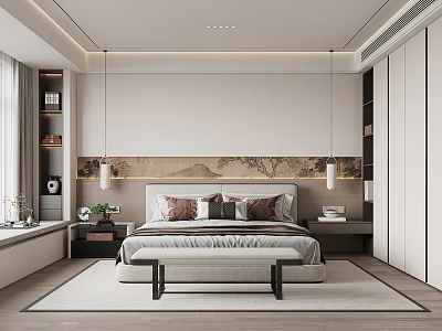 Modern Elegant Bedroom Interior With Double Bed Headboard Wall Art Bed Bench And Pendant Lights 3d model