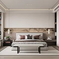 Modern Elegant Bedroom Interior With Double Bed Headboard Wall Art Bed Bench And Pendant Lights