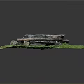 Outdoor Scenic Setting With Circular Grassy Area Large Stone Table And Wooden Benches
