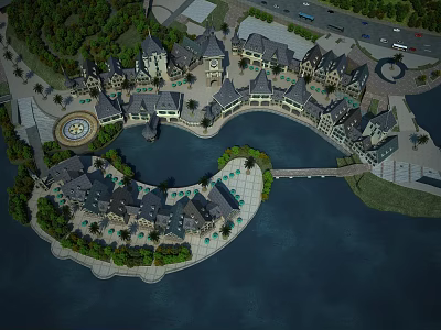 Scenic Waterfront Commercial Street Aerial View With Lush Greenery And European Buildings 3d model