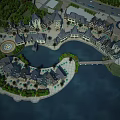 Scenic Waterfront Commercial Street Aerial View With Lush Greenery And European Buildings