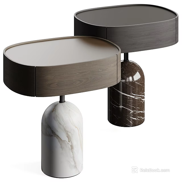 Two Modern Bedside Tables With Wooden Cabinets And Textured Marble Bases 3d model 