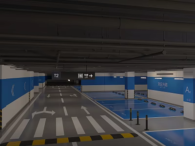 Underground Parking Lot Featuring Blue White Walls Directional Arrows Yellow Black Warning Strips Parking Lines 3d model
