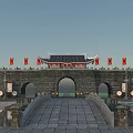 Ancient City Gate Architecture With Traditional Roof Red Flags City Wall And Water Reflection
