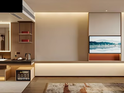Modern Hotel Room Interior With Flat Screen TV Decorative Painting Comfortable Furniture And Rug 3d model