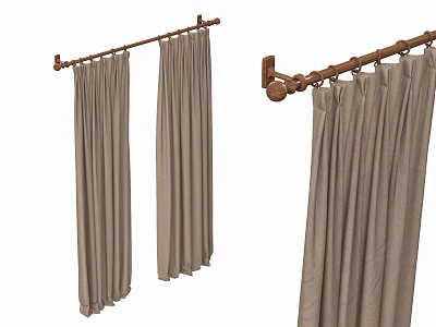 Elegant Beige Pleated Floor Length Curtains With Rod Mounted Linen Design 3d model