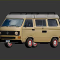 Vintage Yellow Volkswagen Van With White Roof Black Roof Rack And Red Wheels