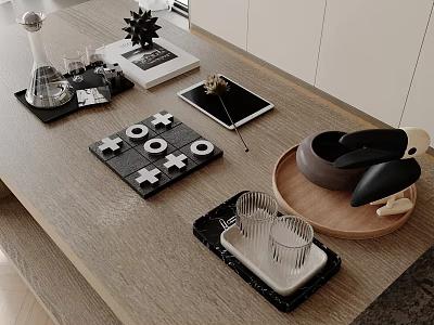 Modern Kitchen Interior With Wooden Countertop Chessboard Tablet And Glass Cups 3d model