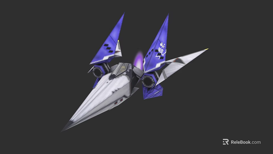 Futuristic Fighter Jet With Blue Wings Featuring Patterns And Purple Engine Exhaust 3d model 