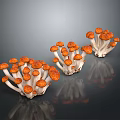Orange Cap Mushrooms Fresh Cluster With White Stems On Dark Reflective Surface 3d model