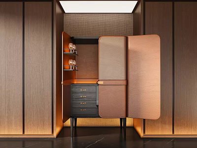 Elegant Modern Wine Cabinet With Wooden Panels Copper Doors And Glass Shelves 3d model