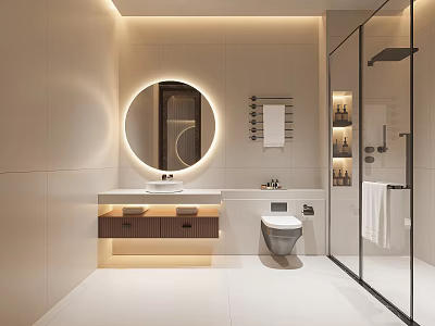 Modern Bathroom Interior With Round Illuminated Mirror Vanity Toilet Glass Shower Enclosure 3d model