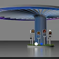 Blue Pillar With Circular Gradient Canopy Surrounded By Display Panels Green Grass And White Spheres