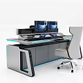 Modern Office Desk With Dual Monitors Printer Blue Lighting And Chair
