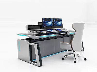Modern Office Desk With Dual Monitors Printer Blue Lighting And Chair 3d model