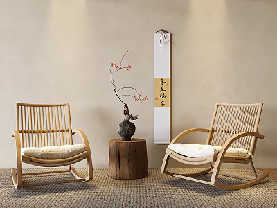 Wooden Leisure Rocking Chairs with Stool Table Floral Vase and Zen Scroll in Minimalist Interior 3d model