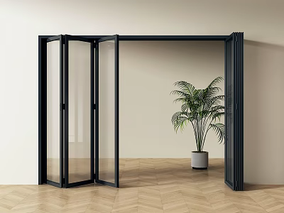 Open Black Frame Glass Folding Doors In Modern Interior With Green Plant And Wooden Floor 3d model