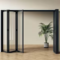Open Black Frame Glass Folding Doors In Modern Interior With Green Plant And Wooden Floor