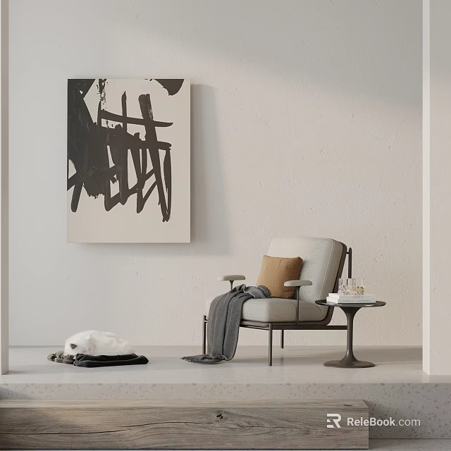 Modern Single Sofa With Brown Cushion Gray Blanket Near Abstract Painting And White Cat 3d model 